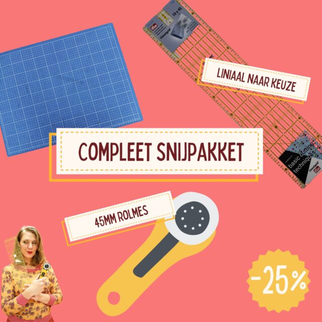 Deze week in de Jubileum-actie: het snijpakket. Wow, jij kunt gelijk aan de slag! Normaal 10% voordeliger, maar tot en met komende donderdag wel 25% korting.

Dit complete pakket bestaat uit mijn een paar van mijn beste vrienden:

📍een rolmes maat 28 OF 45 mm, die je kunt gebruiken voor zowel stof als papier. (Huh? Lees hier wat ik daarover te zeggen heb!). Je mag ook een rolmes 45mm toevoegen, met korting!

📍navulling voor je rolmes. Na verloop van tijd wordt het mes een beetje bot en kan het echt een verademing zijn er een lekker verse scherpe in te zetten!

📍een liniaal, die je kunt gebruiken om rechte lijnen te trekken, naadwaarde aan te tekenen, kaarsrechte boordjes en biesjes langs te snijden, ook schuin van draad, dankzij de graden-lijnen die erop gedrukt staan, etc. Je kunt kiezen uit 3 formaten: 15x30 cm (handig voor kleine werkplekken, of als je veel heen en weer gaat met je naaispullen); 10x45 cm (mijn 'standaard' liniaal); en de 15x60 cm (niet zo handig bij een kleine werkplek, maar onmisbaar voor het snijden van lange stroken stof). Je kunt meerdere liniaal bestellen, allemaal met korting.

📍een snijmat van 45x60 cm. Dit formaat is ideaal om op te bergen als je geen grote werkplek hebt. Je kunt er ook 2 naast elkaar leggen.
